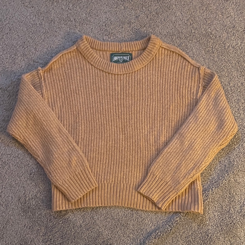 American Eagle Women's Mustard Yellow Crew Neck Cropped Sweater